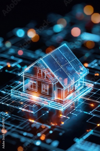 Transparent house blueprint overlaid with energy efficiency icons