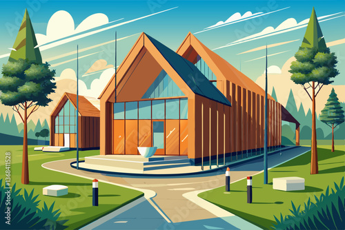 vector of The Estonian Road Museum, visitor facilities, modern architecture, a wood clad washroom with basins and toilets.