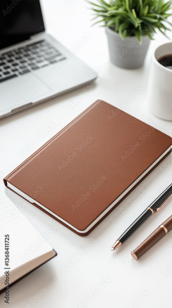 Fototapeta premium Workspace featuring a brown notebook, laptop, coffee cup, and plant in a minimalistic setting during a bright day