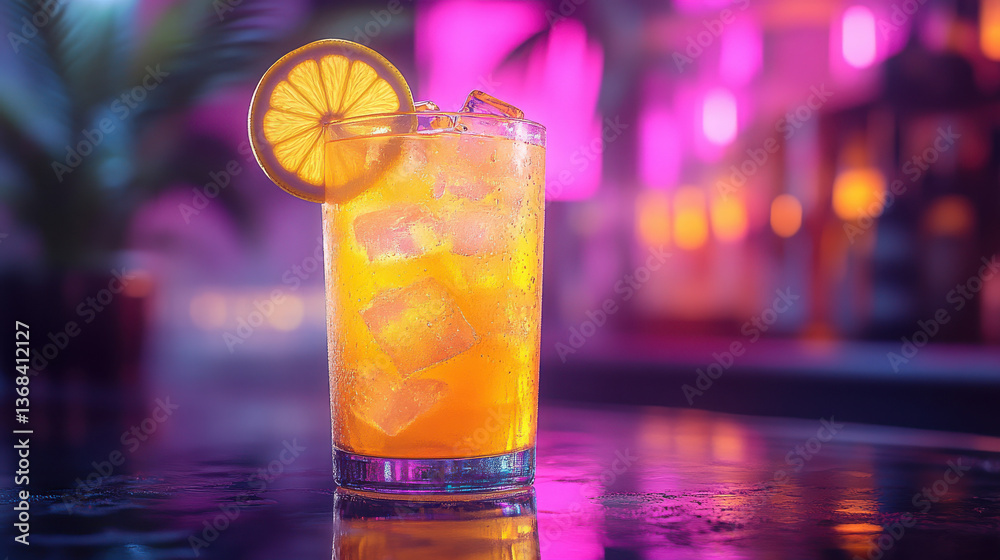Ice-cold lemon drink with neon pink and purple background, palm leaves, dark glass table with reflections, high-resolution, hyper-realistic, sharp focus, cinematic light, bokeh effect, colorful. Ice-cold lemon drink with neon pink and purple background, palm leaves, dark glass table with reflections, high-resolution, hyper-realistic, sharp focus, cinematic light, bokeh effect, colorful.