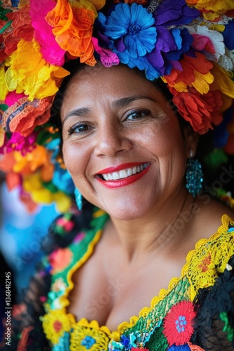 Obraz na płótnie Latina woman in colorful headdress, adorned with flowers and jewels, smiling joyfully at the camera. w salonie