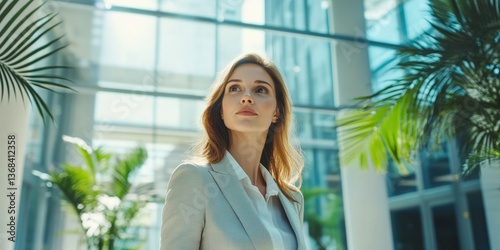 Female professional staring ahead, with a modern office background.