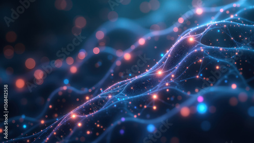 NAD molecule visualization with vibrant blue and purple hues, showcasing a network of molecular bonds with energy dots, indicative of electron transfer.