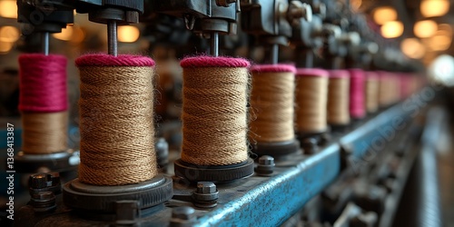 Spools of yarn spun on a spinning mill industrial machine