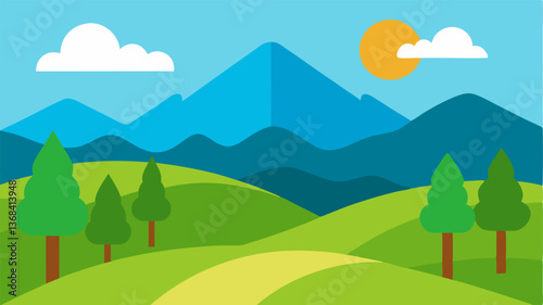 beautiful landscape vector illustration of mountains, forests, fields and meadows. Stunning panoramic farm landscape with mountains in the background. Natural landscape
