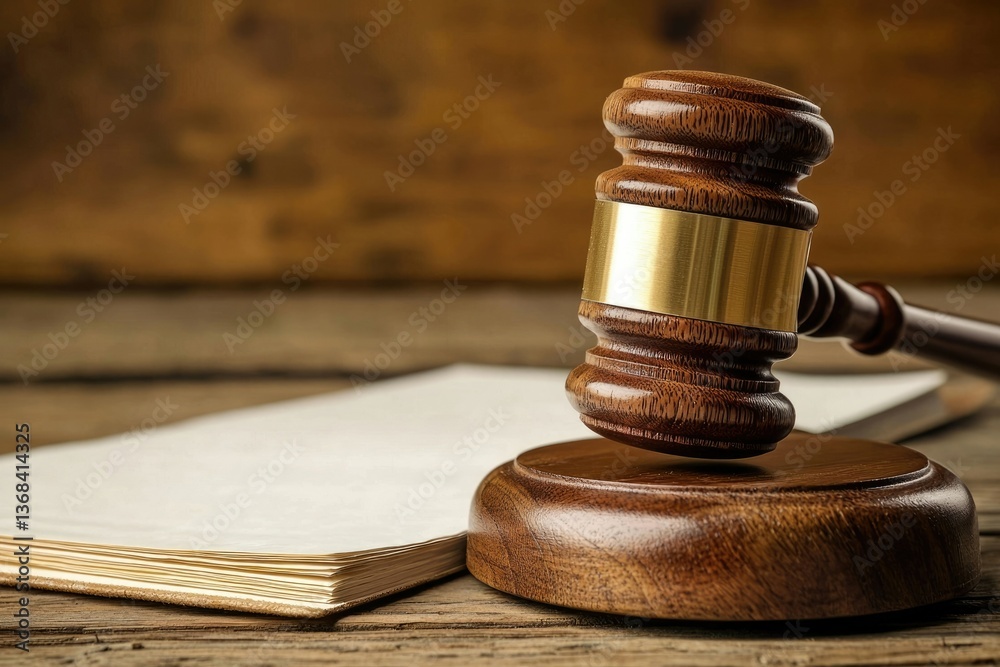 A wooden gavel sits on its base beside a closed book on a wooden surface. A wooden gavel sits on its base beside a closed book on a wooden surface.