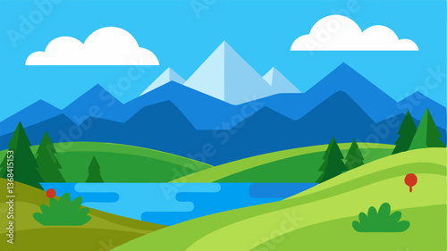Beautiful landscape vector illustration of mountains, forests, fields and meadows. Stunning panoramic farm landscape with mountains in the background. Natural landscape