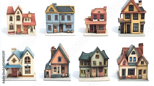 Collection of Colorful Miniature Houses on White Background with Decorative Architectural Designs
