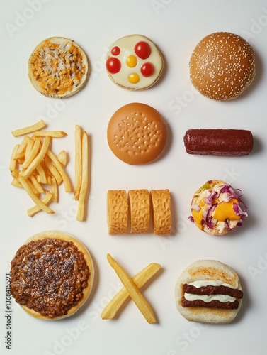 Fast food assortment with french fries, hot dog, hamburger and other finger foods.