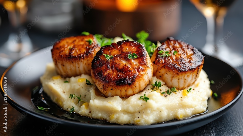 A trio of perfectly seared scallops layered atop creamy mashed potatoes, showcasing an elegant dish ideal for gourmet dining experiences. A trio of perfectly seared scallops layered atop creamy mashed potatoes, showcasing an elegant dish ideal for gourmet dining experiences.