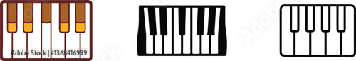 Piano Keyboard Icons Colorful, Black, and White Designs