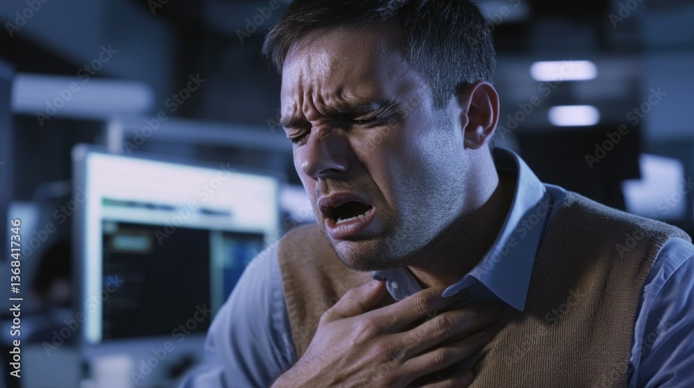 Man in suit gasping for breath, with hands on chest.