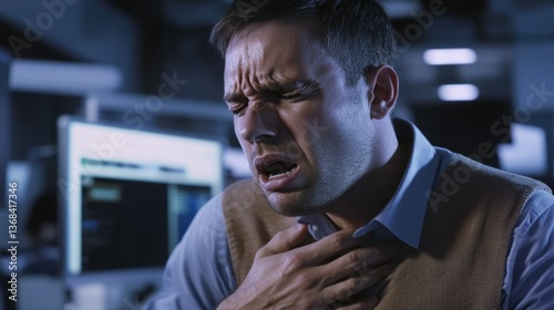 Obraz na płótnie Man in suit gasping for breath, with hands on chest. w salonie