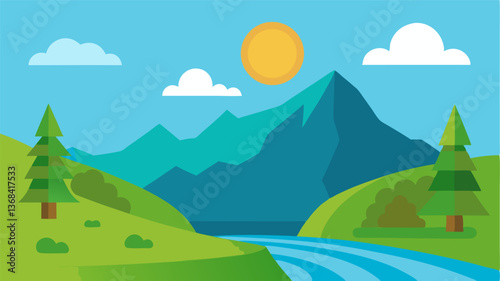 Beautiful landscape vector illustration of mountains, forests, fields and meadows. Stunning panoramic farm landscape with mountains in the background. Natural landscape