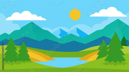 Beautiful landscape vector illustration of mountains, forests, fields and meadows. Stunning panoramic farm landscape with mountains in the background. Natural landscape