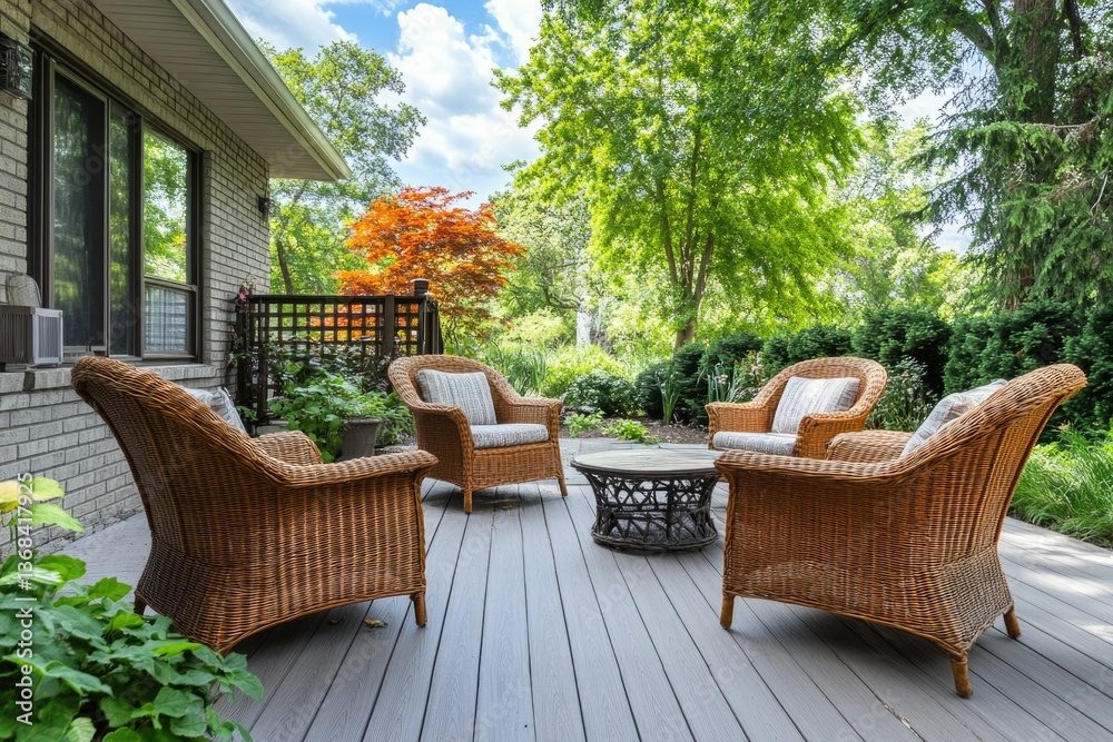 Fototapeta premium Six-piece patio set with wicker seating and table. Wine glasses on the table. Shaded area for outdoor relaxation.