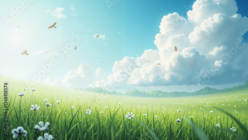 Blue sky, white clouds, green grass