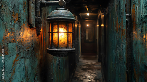 Vintage lantern illuminating a narrow, weathered corridor with peeling paint and dim lighting