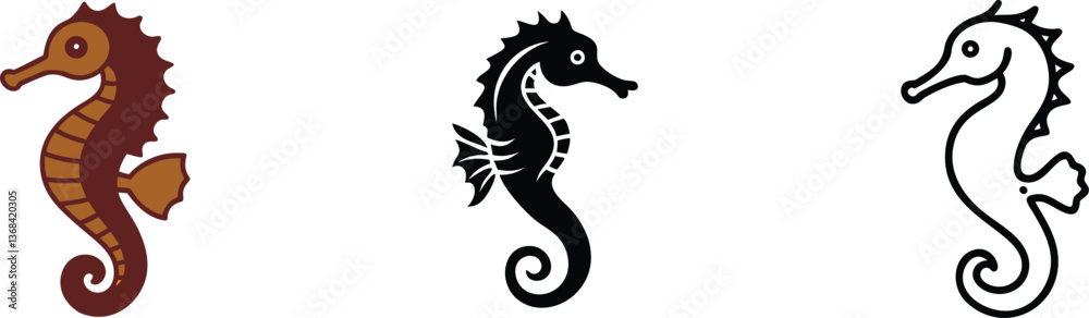 Fototapeta premium Three Seahorse Illustrations Brown, Black, and Outline Designs