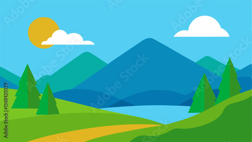Beautiful landscape vector illustration of mountains, forests, fields and meadows. Stunning panoramic farm landscape with mountains in the background. Natural landscape