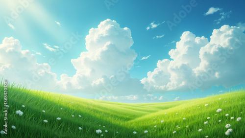 Blue sky, white clouds, green grass
