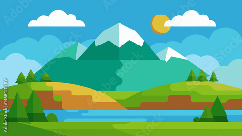 Beautiful landscape vector illustration of mountains, forests, fields and meadows. Stunning panoramic farm landscape with mountains in the background. Natural landscape