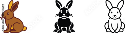 Three Rabbit Illustrations Brown, Black, White, Cute, Sitting, Cartoon, Hare, Bunny, Icon, Designs