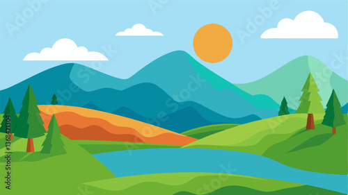 Beautiful landscape vector illustration of mountains, forests, fields and meadows. Stunning panoramic farm landscape with mountains in the background. Natural landscape