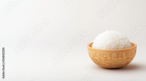 Steaming bowl of white rice in a bamboo container
