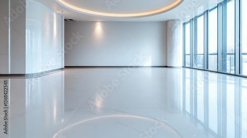 A stylish, empty interior showcases elegant design elements with smooth marble flooring and contemporary lighting, perfect for modern living or working environments.