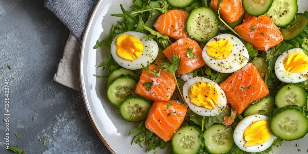 A vibrant and healthy fish salad with smoked salmon, fresh cucumbers, chives, and creamy dressing on a white plate. A vibrant and healthy fish salad with smoked salmon, fresh cucumbers, chives, and creamy dressing on a white plate.