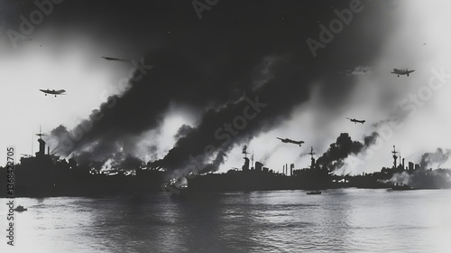 Dramatic scene of smoke rising from a shipwreck, chaotic maritime disaster with dark clouds, evokes tension and uncertainty.