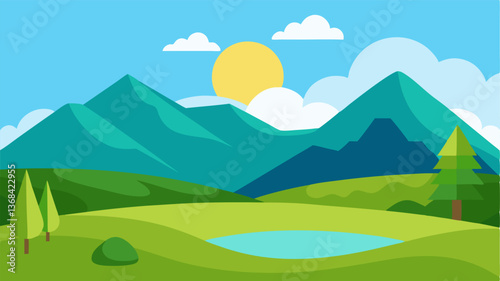 Beautiful landscape vector illustration of mountains, forests, fields and meadows. Stunning panoramic farm landscape with mountains in the background. Natural landscape