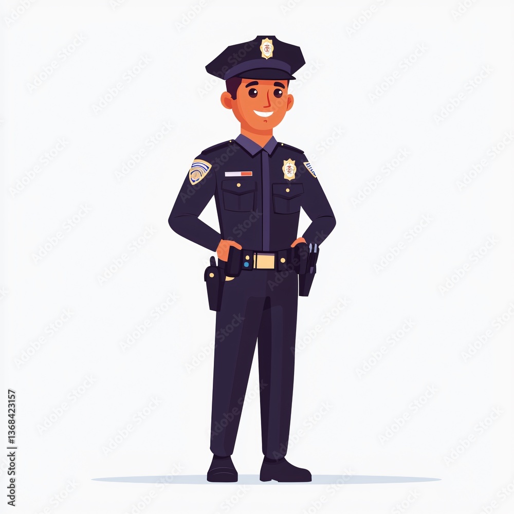 Smiling officer in dark uniform, cap, hands on hips, badge visible, clean background Smiling officer in dark uniform, cap, hands on hips, badge visible, clean background