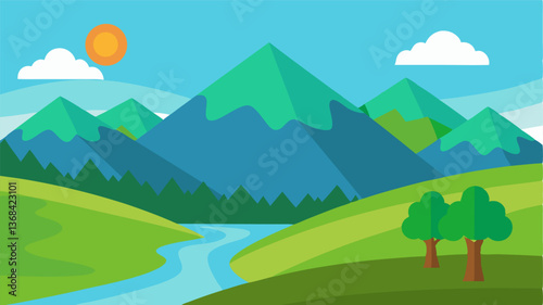 Beautiful landscape vector illustration of mountains, forests, fields and meadows. Stunning panoramic farm landscape with mountains in the background. Natural landscape