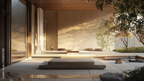 Tranquil outdoor haven modern architectural design stone pathway lush greenery serene sunlight zen garden