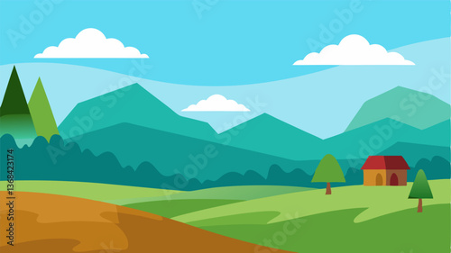 Beautiful landscape vector illustration of mountains, forests, fields and meadows. Stunning panoramic farm landscape with mountains in the background. Natural landscape
