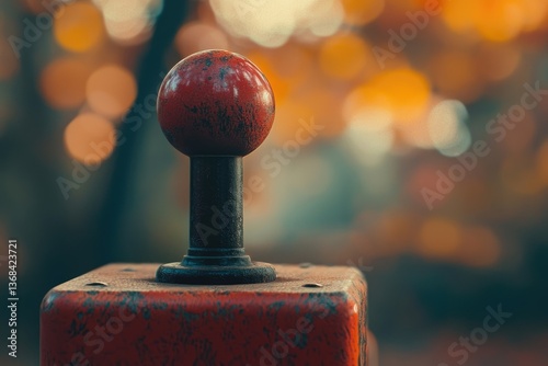 A weathered red and black knob stands against a blurred background of autumnal colors, evoking a sense of vintage industrial charm.