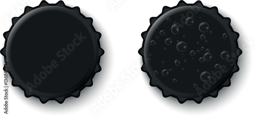 Beer bottle cap. Metal cork from beer bottle with drops of water. Black lid for glassware bottle of drink.