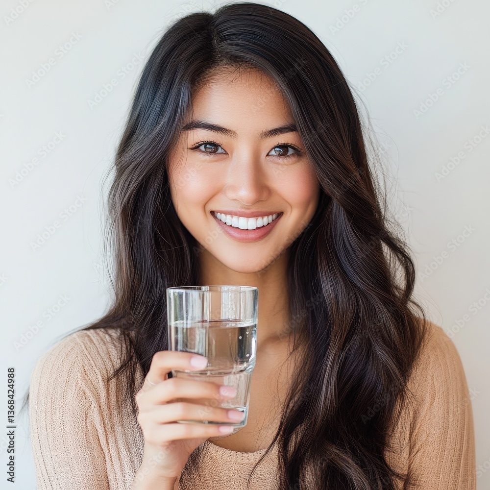 Asian woman smiling, holding up glass of water towards camera, clean background Asian woman smiling, holding up glass of water towards camera, clean background