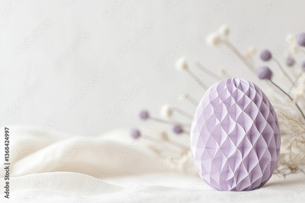 Lavender decorative egg placed on soft fabric with dried flowers in background Lavender decorative egg placed on soft fabric with dried flowers in background