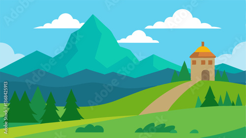 Beautiful landscape vector illustration of mountains, forests, fields and meadows. Stunning panoramic farm landscape with mountains in the background. Natural landscape