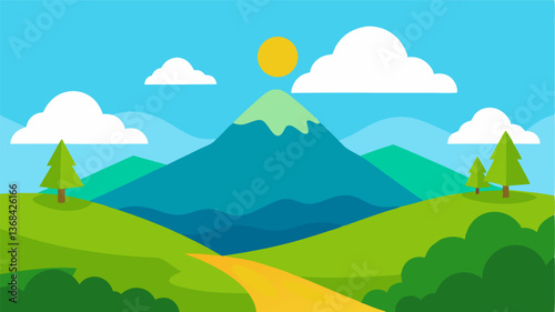 Beautiful landscape vector illustration of mountains, forests, fields and meadows. Stunning panoramic farm landscape with mountains in the background. Natural landscape