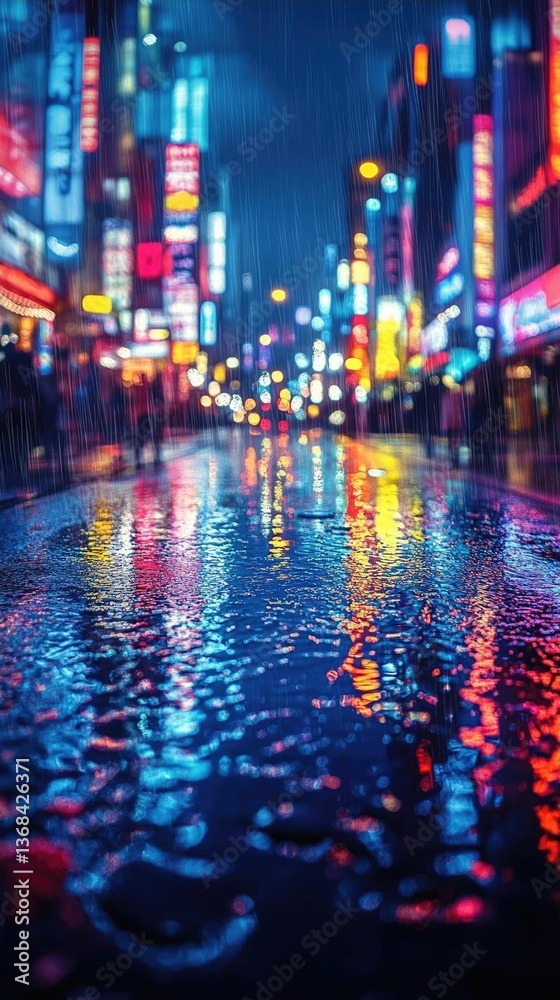 Fototapeta premium Vibrant neon-lit street in a bustling city during rain, reflecting colorful lights
