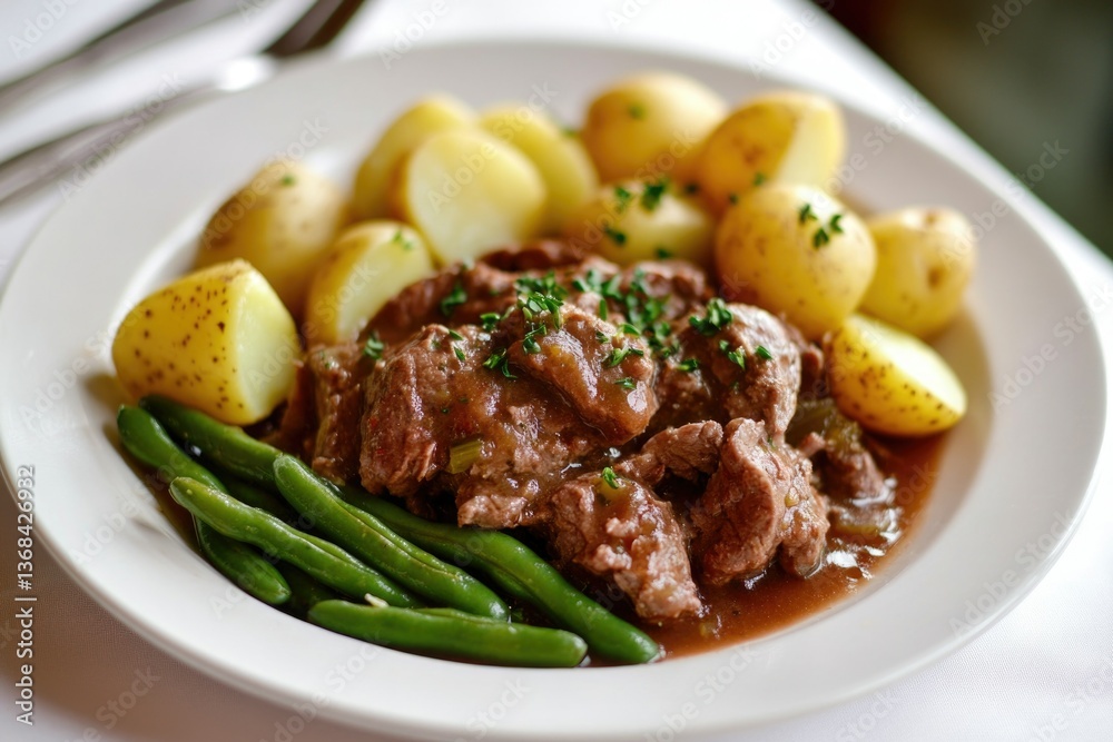 A delicious plate of beef stew with potatoes and green beans, served on a white dish for a hearty meal.