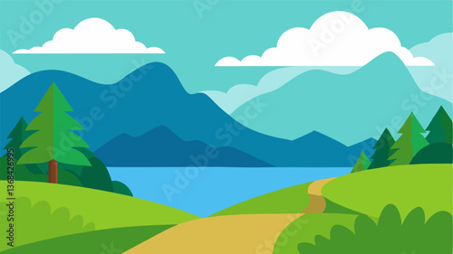 Beautiful landscape vector illustration of mountains, forests, fields and meadows. Stunning panoramic farm landscape with mountains in the background. Natural landscape