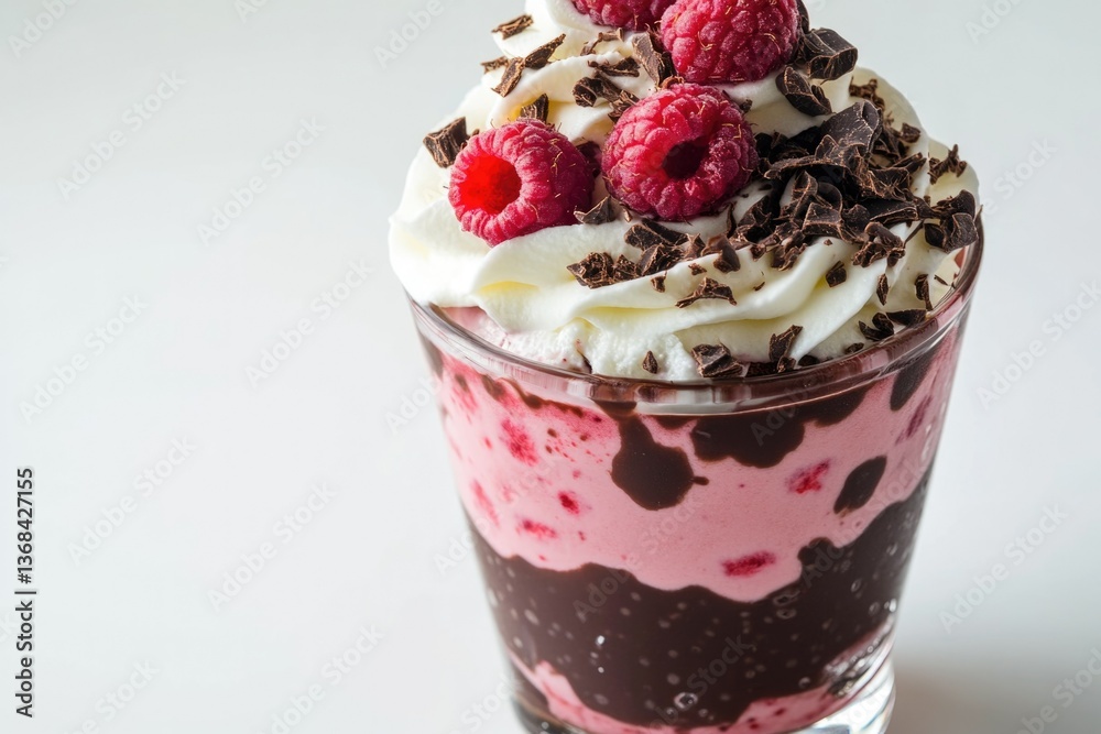 Raspberry and chocolate ice cream parfait with whipped cream garnish. Raspberry and chocolate ice cream parfait with whipped cream garnish.