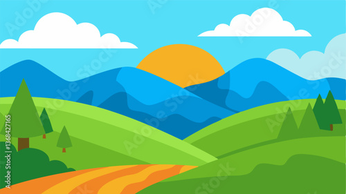 Beautiful landscape vector illustration of mountains, forests, fields and meadows. Stunning panoramic farm landscape with mountains in the background. Natural landscape