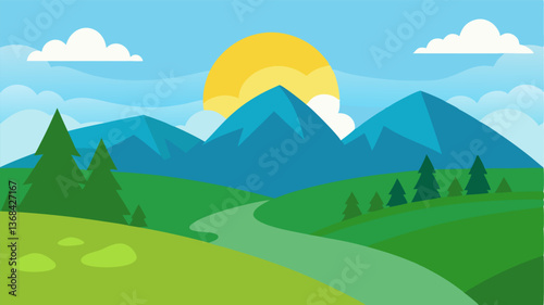 Beautiful landscape vector illustration of mountains, forests, fields and meadows. Stunning panoramic farm landscape with mountains in the background. Natural landscape