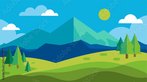 beautiful landscape vector illustration of mountains, forests, fields and meadows. Stunning panoramic farm landscape with mountains in the background. Natural landscape
